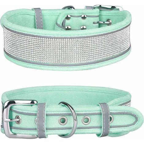 Collare per cani riflettente per cani di taglia media e grande, in pelle scamosciata glitterata con strass, laccetto per animali e numeri di cellulare anti-smarrimento (verde) (1/5)