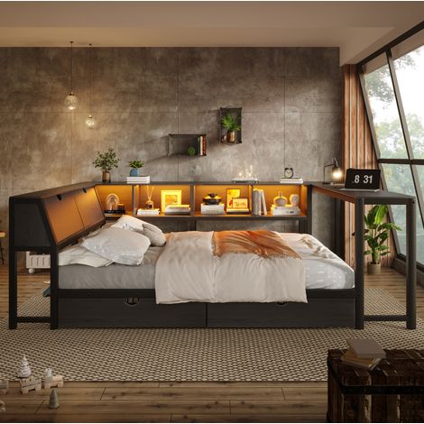 Letto in metallo 140x200 con testiera contenitore, LED, scrivania e 2 cassetti, nero OKWISH (1/5)