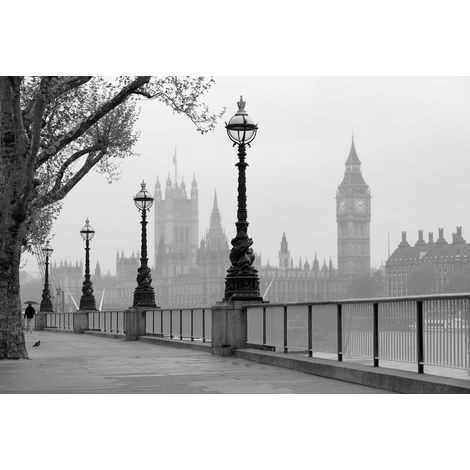 Papier peint panoramique Londres dans le brouillard | Tapisserie panoramique ville pour salon | Papier peint panoramique gris Big Ben chambre ado - 384 X 260 cm (8 pièces) (1/2)