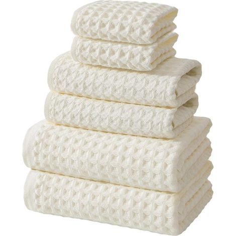 Toallas - Toallas de baño - Juego de 6 toallas de algodón tipo gofre para hotel - 3 tamaños - Absorbentes - Secado rápido - Perfectas para el baño y el spa - Blancas (1/5)
