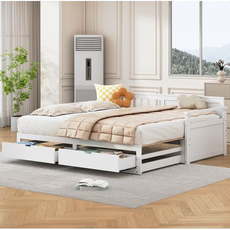 DESVIAE Lit banquette gigogne extensible avec tiroirs 90 x 190 180 x 190 bois de pin blanc lit simple transformable en lit double avec rangement pour chambre enfant adulte (1/5)