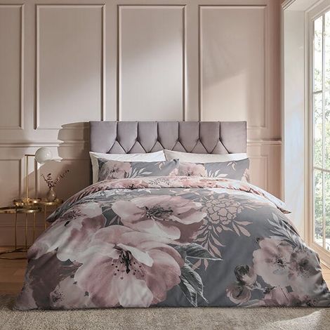 Catherine Lansfield Dramatic Floral Grey Duvet Cover Set Bedding Double (1/5)