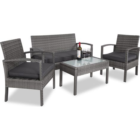 CASARIA® Conjunto de Jardín Exterior para 4 Personas 2 Sillones Banco Mesa Cristal Mobiliario Poliratán Resistente a la Intemperie Cojines de 5 cm Fundas Gris
