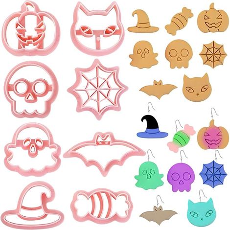 CCYKXA 8-teiliges Halloween-Ausstechformen-Set aus Polymer-Ton, One-Touch-Formung, 3D-Geisterkürbis-Prägemuster zum Dekorieren von Zuckerguss oder zur Schmuckherstellung, Halloween-Ausstechformen
