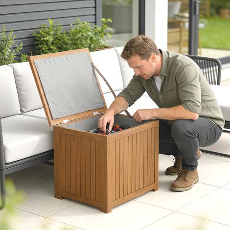 Coffre de jardin de 130 litres avec couvercle, charnières et sangle, en bois, 63 x 51 x 58,5 cm, marron (1/5)