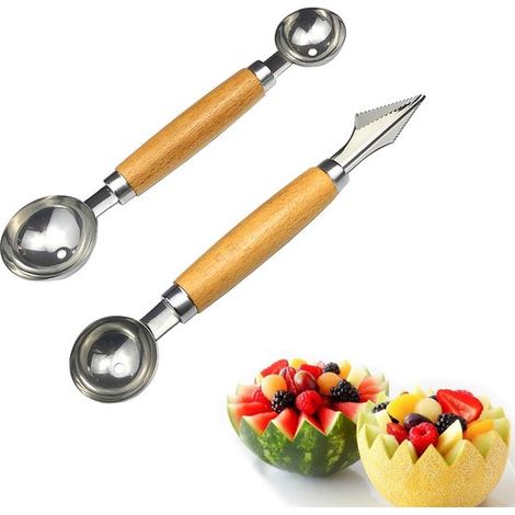 Cucchiaio per anguria, cucchiaio per anguria in acciaio inox con doppia testa e manico in legno, taglia frutta (1/5)