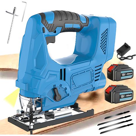Stichsägen, bürstenlose Akku-Stichsäge, 2 x 5,5 A Akku und Ladegerät, 4 Geschwindigkeiten, ± 45 ° Abschrägung, 4 Sägeblätter, zum Schneiden von Kunststoff, Holz und Stahl, kompatibel mit Makita-Akku (1/5)