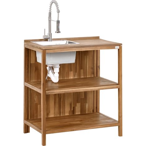 Isla de cocina exterior de madera de acacia con fregadero y grifo estantes 50 x 80 x 90 cm encimera de madera maciza acero inoxidable marrón y plateado Venosa