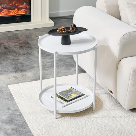 Tavolino laterale rotondo Ø42x52 cm, a due ripiani, MDF e metallo, bianco (1/5)