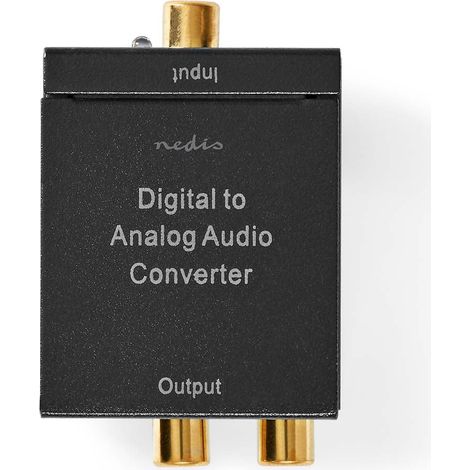 Convertidor de audio digital  Unidireccional  Entrada de conexión: 1x RCA digital / 1x TosLink  Salida de conexión: 1x (2x RCA) / 1x 3,5 mm  Automático  Amplificador integrado  Negro