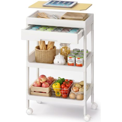 Chariot de Rangement, 3 Niveaux, Desserte sur roulettes, Étagère, avec Plateau Amovible et Tiroir, en Plastique, Montage Facile, Cuisine, Blanc et Doré Chêne BSC069W101 (1/5)