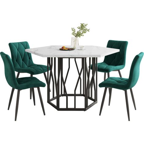 Esstisch- und Stuhlset (5-teiliges Set), moderner sechseckiger Marmor-Esstisch + 4 Esszimmerstühle aus grünem Samt, um ein warmes und modernes Restaurant zu schaffen (1/5)