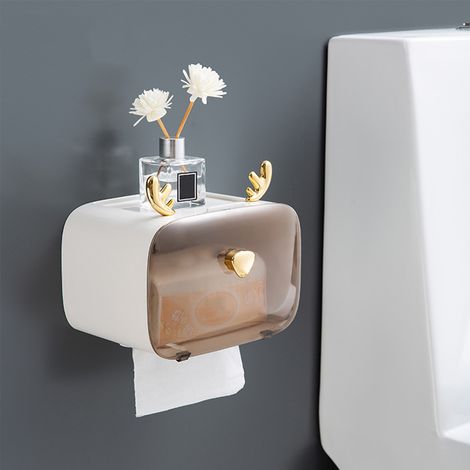 Porte-papier toilette étanche, barre mignonne en forme de bois de cerf, fenêtre transparente, réglable, fixation murale, blanc (1/5)