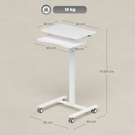 Bureau assis-debout réglable en hauteur, mobile, avec tablette pour clavier, roulettes et structure en acier, blanc (1/5)