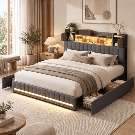 Lit 160x200 avec LED et USB, Lit double 160x200 avec 4 tiroirs, Lit rembourré avec éclairage LED et ports USB, tête de lit rangement, sommier à lattes, lin gris (1/5)