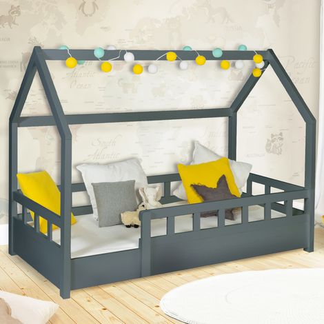 Cama cabina infantil 80 x 160 cm NEREE gris con somier de láminas y barandillas