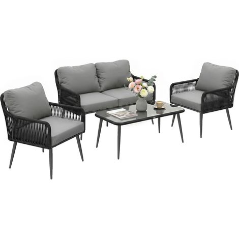 Rattan Garden Furniture Set, Tempered Glass with 3 Chairs
