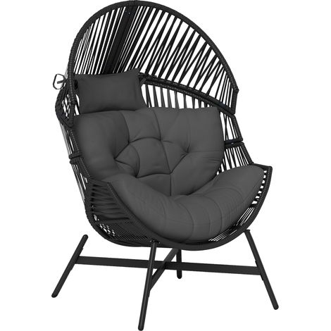 Outsunny Rattan Egg Chair, Oversized Freestanding Garden Egg Chair with Thick Tufted Cushion, Headrest, Steel Frame for Indoor and Outdoor Use, Charcoal Grey