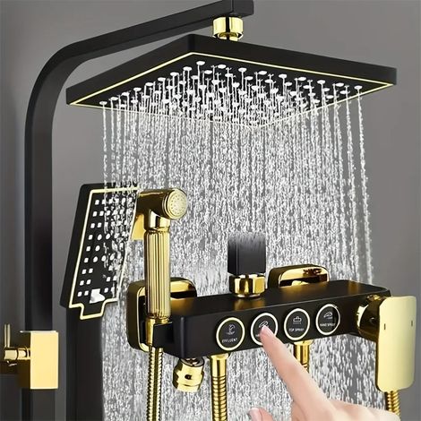 LEDANDER Système de douche Noir et Or, pommeau de douche pluie à 4 modes avec douchette à main, ensemble de robinetterie murale avec jets corporels, kit de douche de luxe pour salle de bain (1/5)