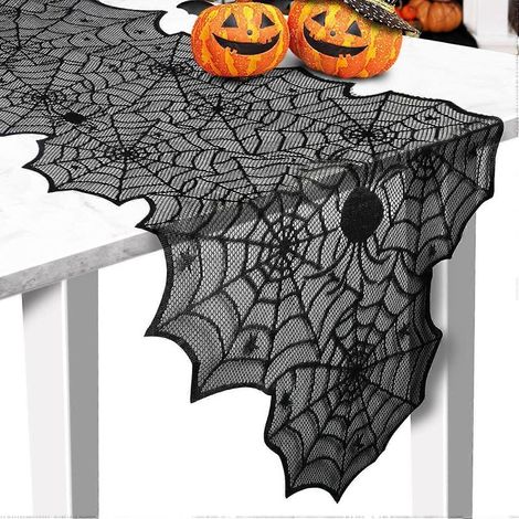 Chemin de table d'Halloween, chemin de table en dentelle noire à motif toile d'araignée pour la décoration de table d'Halloween, nappe effrayante pour la décoration de table d'un dîner d'Halloween (1/3)