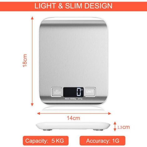 Balance De Cuisine - 5 Kg / 1 G - Écran LCD - Fonction Tare - Acier Inoxydable - 4 Unités De Mesure - 1 Pièce (1/4)
