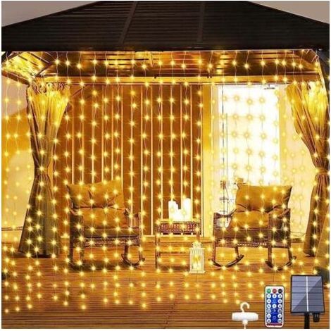 Rideau Lumineux Solaire 3m x 3m 300 LED Guirlande Lumineuse Extérieure avec Télécommande, 8 Modes et Minuterie, Étanche Guirlande Rideau Ramadan pour Décoration Chambre Mariage Noel Extérieur