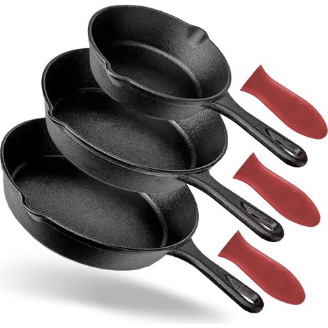 GrillX Set de casseroles en fonte – 3 pièces – Avec poignées en silicone – Poêles en fonte – Poêle à frire – Poêle polyvalente – Set de poêles – Pour barbecue et induction (1/5)