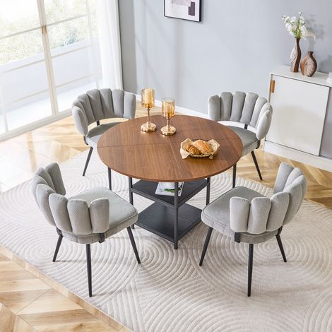 Set table à manger ronde 107x107x75 cm MDF noyer, 4 chaises grises gain de place – MEUBLIV (1/5)