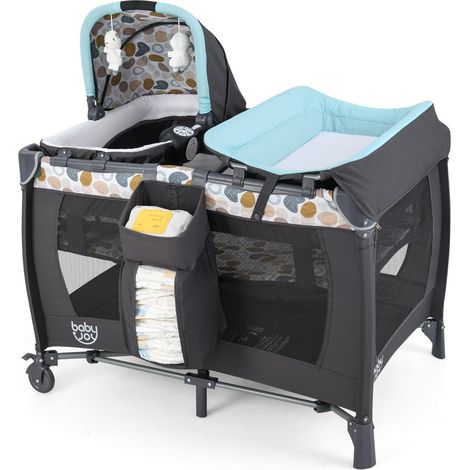 Lit parapluie pliant pour bébé 106 x 74 x 74 cm multifonction 5-en-1 berceau à bascule en tissu oxford bleu