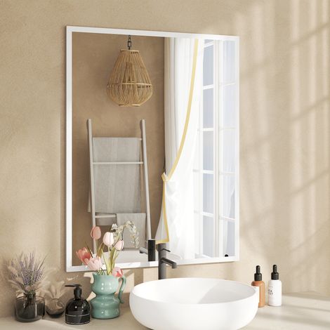 Specchio rettangolare da parete 90 x 70 cm, con cornice in legno bianco, ideale per il bagno, il soggiorno o la camera da letto.