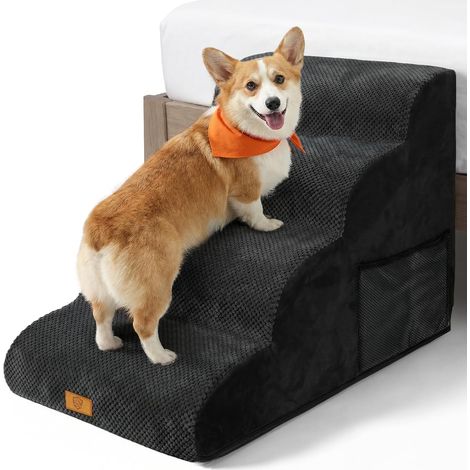 Escalier pour Chiens et Chats, Rampe pour Chien à 4 Marches, Mousse Haute Densité, Housse Amovible, Surface Antidérapante, Sac de Rangement et Poignée, pour Canapé et Lit- Noir