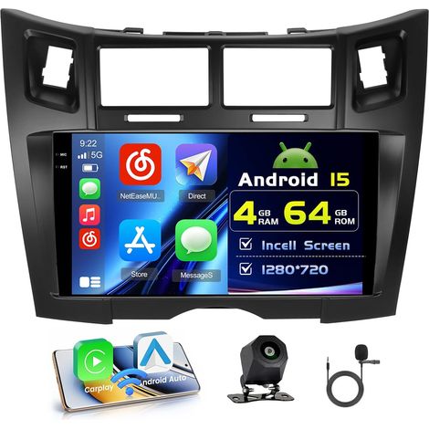 4+64G Autoradio pour Yaris/Vizi 2005-2011 sans Fil Carplay, 9 Pouces Incell écran Tactile pour Voiture avec Bluetooth 5.0/GPS/FM/RDS/EQ/Caméra de Recul (1/5)