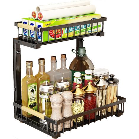 Etagère à épice à 2 Niveaux, Tiroir Organisateur, Porte-épices, Panier Coulissant sous Evier,Garde-Manger, Bureau,Hauteur Réglable,40x30x42-48CM,noir (1/5)