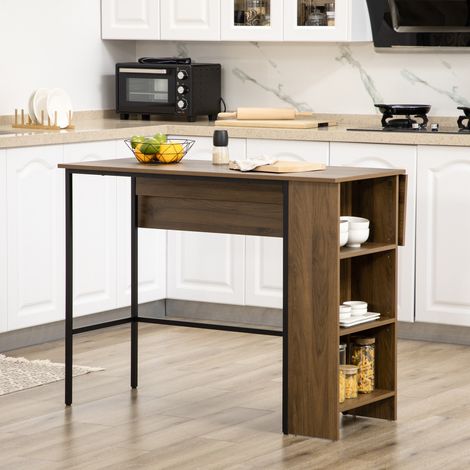 Zentraler Insel-Bartisch mit klappbarer Seitenwand und 3 Ablagen, 120 x 76 x 91,4 cm, braun