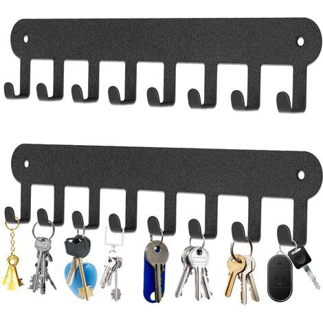 Porte Clef Mural, 2 Pièces 8 Crochets Porte Clef Clef Mural Accroche pour Rangement des Clés et Courrier à l'entrée, Raccrocher ustensiles de Cuisine (Noir) (1/5)