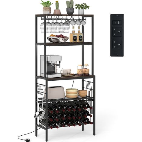 COSTWAY Wine Organizer Bar Multi-Tier Bakers Rack with Power Outlet-Brown (1/5)