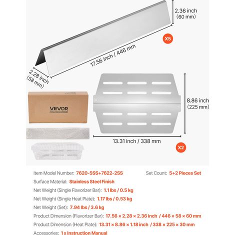 Barres Cache-brûleurs et Diffuseur de Chaleur pour Barbecue 7PCs, Déflecteur de Graisse pour Brûleur 44,6 cm, Pièce de Rechange pou… (1/5)