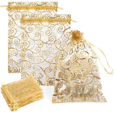 Organza-Beutel mit Kordelzug, 100 Stück – kleine Geschenkbeutel 13 x 18 cm, goldfarben, für Süßigkeiten und Schmuck