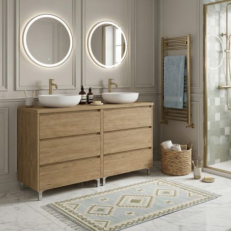Meuble double vasque à poser L. 120 cm sur pied 6 tiroirs Chêne naturel LISBONA - sans colonne (1/5)