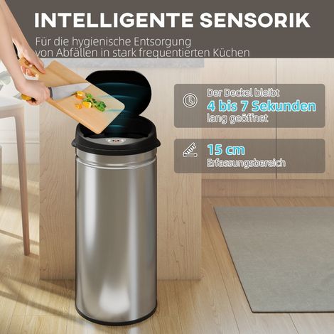 Poubelle 42 L avec capteur infrarouge et couvercle à fermeture silencieuse, en inox brossé, sans contact, idéale pour une cuisine propre et moderne. (1/5)