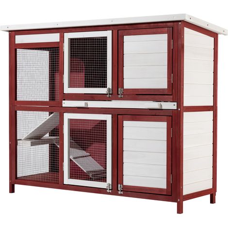 Conejera con escalera y dos niveles Rojo y blanco Caseta con suelo extraíble y tejado plegable