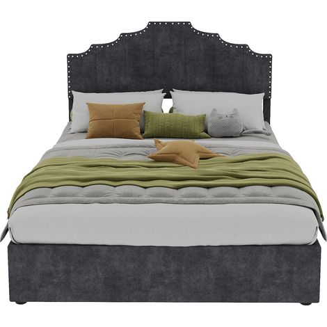 Lit moderne minimaliste et moelleux, tête de lit confortable et douce, 140200CM, gris, meuble de chambre multifonctionnel, lit coffre haut avec vérin pneumatique, matelas 140200cm inclus.