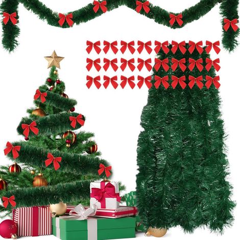 Guirlande de Noël 10m avec 24 nœuds rouges, aspect sapin artificiel