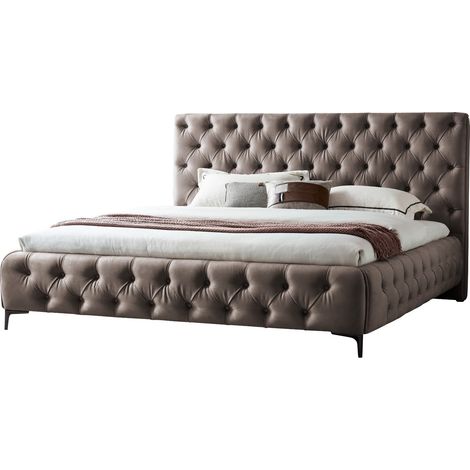Cama Amour 200x200x42 cm Tapizada en Terciopelo Gris  Cabecero Acolchado con 120 cm  MOG Casa (1/5)
