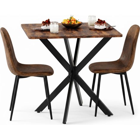 FurnitureR Esszimmer Set Tisch 80×80 cm mit 2 Stühlen Industrie Stil Holzoptik Metallgestell Kunst Wildleder ergonomisch komfortabel kompakt Braun Schwarz