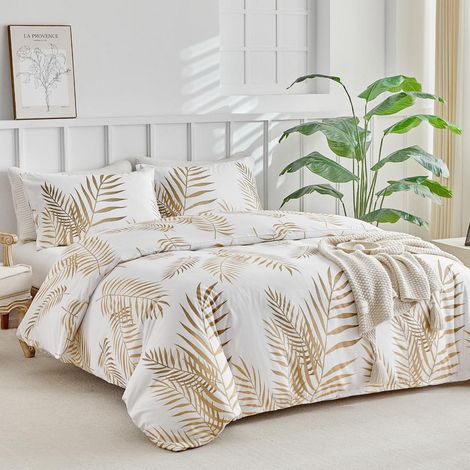 Bettwäsche-Set Doppelbett 200x200 cm mit tropischen Blättern, Mikrofaser, Weiß-Gold