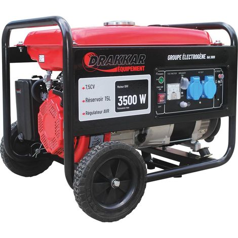 Drakkar Equipement – Groupe électrogène AVR monophasé essence 3500W 7,5CV – Moteur 4 temps – 2 prises 16A – Régulateur AVR – Kit brouette inclus (1/2)