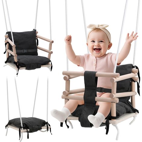 Jiubiaz Kinderschaukelsitz aus Holz mit grauem Kissen, verstellbare Seile, Babyschaukel ab 12 Monaten
