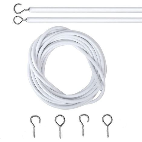2M Cable pour Rideaux, Blanc Fil de Rideau avec 2 Pièces Piton à Visser Boulons à Oeil et 2 Pièces Crochets à Visser, Câble de Rideau Enduite de Plastique, Cable Rideau Tringle Rideau Souple (1/5)