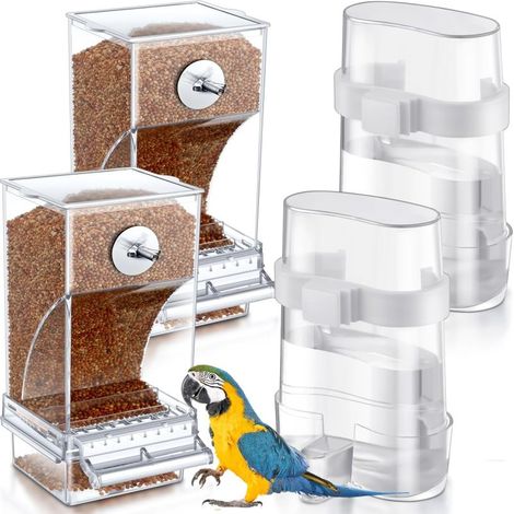 Comedero automático pequeño para pájaros, bebedero a prueba de fugas, transparente, juego de 4 (2 bebederos + 2 comederos) (1/5)